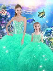 New Style Turquoise Ball Gowns Organza Sweetheart Sleeveless Beading and Ruffles Floor Length Lace Up Quinceanera Dress