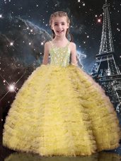 Champagne Straps Lace Up Beading and Ruffled Layers Kids Formal Wear Sleeveless
