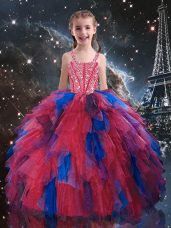 Most Popular Sleeveless Tulle Floor Length Lace Up Child Pageant Dress in Coral Red with Beading and Ruffles