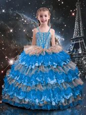 Customized Baby Blue Ball Gowns Straps Sleeveless Organza Floor Length Lace Up Beading and Ruffled Layers Kids Formal Wear