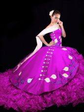 Delicate Taffeta V-neck Sleeveless Brush Train Lace Up Embroidery and Ruffles Quinceanera Gowns in Fuchsia