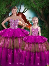 Simple Fuchsia Ball Gown Prom Dress Military Ball and Sweet 16 and Quinceanera with Beading and Ruffled Layers Sweetheart Sleeveless Lace Up