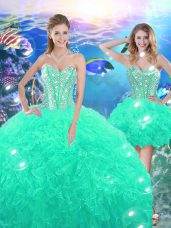 Best Selling Turquoise Organza Lace Up Sweetheart Sleeveless High Low 15th Birthday Dress Beading and Ruffles