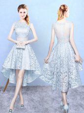 Light Blue A-line Lace Wedding Party Dress Zipper Lace Sleeveless High Low