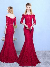 Half Sleeves Lace Floor Length Lace Up Wedding Guest Dresses in Wine Red with Lace