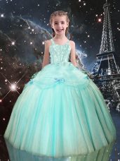 Aqua Blue Sleeveless Floor Length Beading Lace Up Child Pageant Dress
