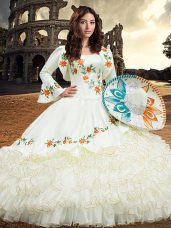 White Long Sleeves Embroidery and Ruffled Layers Floor Length Quinceanera Dresses