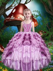 Sleeveless Organza Floor Length Lace Up Little Girls Pageant Dress in Lilac with Beading and Ruffles and Ruffled Layers
