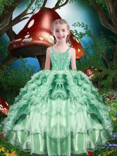 Apple Green Ball Gowns Beading and Ruffles and Ruffled Layers Little Girls Pageant Dress Wholesale Lace Up Organza Sleeveless Floor Length
