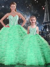 Ideal Turquoise Sweetheart Lace Up Beading and Ruffles Quinceanera Dress Sleeveless
