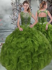 Olive Green Ball Gowns Organza Scoop Sleeveless Beading and Ruffles Floor Length Lace Up Quinceanera Gowns