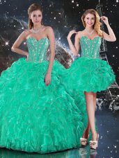 Turquoise Sweetheart Neckline Beading and Ruffles 15th Birthday Dress Sleeveless Lace Up