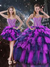 Fabulous Sleeveless Floor Length Beading and Ruffles and Ruffled Layers Lace Up 15th Birthday Dress with Multi-color