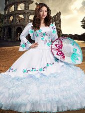 Exquisite Aqua Blue Ball Gowns Square Long Sleeves Organza Floor Length Lace Up Embroidery and Ruffled Layers 15th Birthday Dress