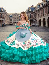 Affordable Turquoise Organza and Taffeta Lace Up Sweetheart Sleeveless Floor Length 15 Quinceanera Dress Embroidery and Ruffled Layers