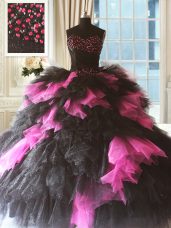 Sophisticated Pink And Black Ball Gowns Tulle Sweetheart Sleeveless Beading and Ruffles Floor Length Lace Up Quinceanera Dress