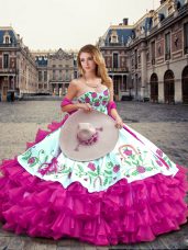 Fitting Sweetheart Sleeveless Quinceanera Dresses Floor Length Embroidery and Ruffled Layers Fuchsia Organza
