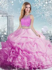 Lilac Two Pieces Scoop Sleeveless Organza Floor Length Clasp Handle Beading and Ruffles and Pick Ups Ball Gown Prom Dress