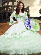 Organza Square Long Sleeves Lace Up Embroidery and Ruffled Layers Sweet 16 Dress in White