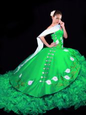 Inexpensive Green 15 Quinceanera Dress Military Ball and Sweet 16 and Quinceanera with Embroidery and Ruffles Sweetheart Sleeveless Brush Train Lace Up
