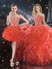 Custom Made Coral Red Sleeveless Organza Lace Up 15 Quinceanera Dress for Military Ball and Sweet 16 and Quinceanera