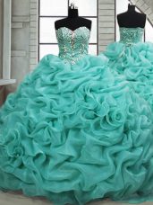 New Style Organza Sleeveless Quince Ball Gowns Brush Train and Beading and Pick Ups