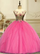 Rose Pink Sleeveless Floor Length Appliques Lace Up 15 Quinceanera Dress