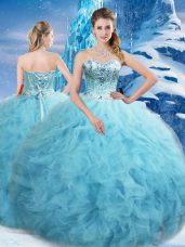 Latest Sleeveless Tulle Floor Length Lace Up Sweet 16 Dresses in Aqua Blue with Beading and Pick Ups