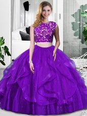 Floor Length Purple Quinceanera Dress Tulle Sleeveless Lace and Ruffles