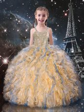 Floor Length Lace Up Child Pageant Dress Champagne for Quinceanera and Wedding Party with Beading and Ruffles