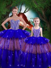 Custom Fit Royal Blue Ball Gowns Sweetheart Sleeveless Organza Floor Length Lace Up Beading and Ruffled Layers 15 Quinceanera Dress