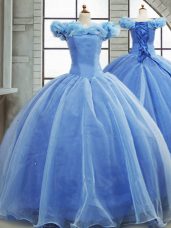 Hot Sale Pick Ups Quinceanera Dresses Light Blue Lace Up Sleeveless Brush Train