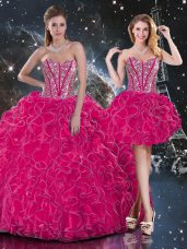 Stylish Hot Pink Lace Up Sweetheart Beading and Ruffles Sweet 16 Dress Organza Sleeveless