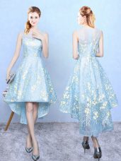 Popular Aqua Blue Organza Zipper Bridesmaids Dress Sleeveless High Low Embroidery