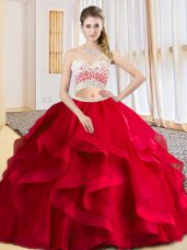 Red Sleeveless Beading and Ruffles Floor Length Quinceanera Gowns