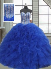 Sleeveless Floor Length Beading and Ruffles and Sequins Lace Up Quince Ball Gowns with Royal Blue