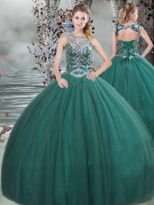Dark Green Lace Up Scoop Beading Quinceanera Dresses Tulle Sleeveless
