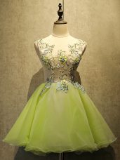Mini Length Yellow Green Dress for Prom Organza Sleeveless Embroidery