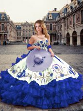 Customized Royal Blue Sleeveless Floor Length Embroidery and Ruffled Layers Lace Up Quinceanera Dress