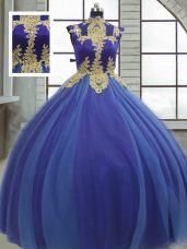Captivating Royal Blue Tulle Lace Up Quinceanera Gowns Sleeveless Floor Length Appliques