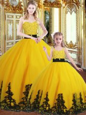 Gold Organza Lace Up Sweetheart Sleeveless Floor Length Sweet 16 Quinceanera Dress Beading and Appliques