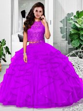 Eggplant Purple 15 Quinceanera Dress Military Ball and Sweet 16 and Quinceanera with Lace and Ruffles Halter Top Sleeveless Zipper