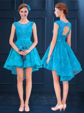 Baby Blue A-line Satin and Lace Scoop Sleeveless Lace High Low Lace Up Quinceanera Court of Honor Dress