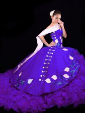 Purple Sweetheart Lace Up Embroidery and Ruffles 15th Birthday Dress Brush Train Sleeveless