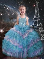 Fashionable Beading and Ruffled Layers Kids Formal Wear Teal Lace Up Sleeveless Floor Length