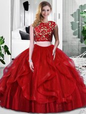 Fashionable Floor Length Wine Red 15th Birthday Dress Tulle Sleeveless Lace and Ruffles