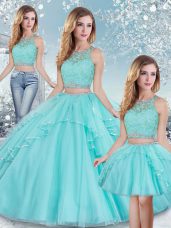 Shining Tulle Scoop Sleeveless Clasp Handle Beading and Lace and Sequins 15 Quinceanera Dress in Aqua Blue
