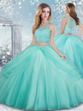 Top Selling Floor Length Clasp Handle Sweet 16 Quinceanera Dress Aqua Blue for Military Ball and Sweet 16 and Quinceanera with Beading and Lace