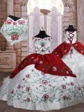 Floor Length Lace Up Girls Pageant Dresses White And Red for Quinceanera and Wedding Party with Embroidery and Ruffled Layers