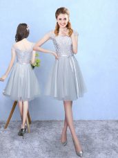 New Style Silver Tulle Lace Up Dama Dress for Quinceanera Cap Sleeves Knee Length Lace